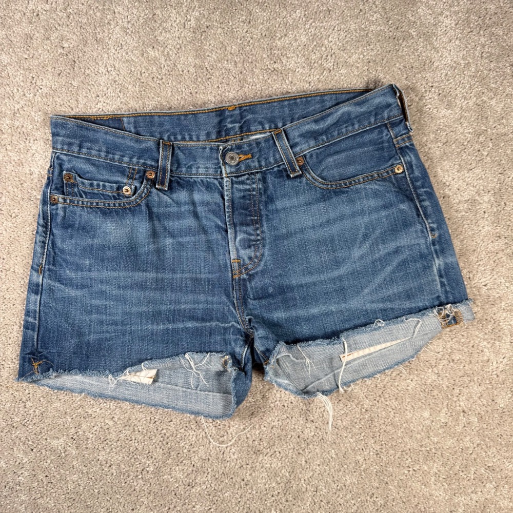 Levis 501 Women's 28 Blue Denim Cutoff Shorts High Rise Button Fly Raw Hem